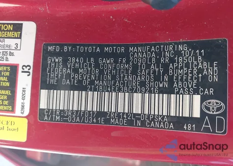 2011 Toyota Corolla S из США, поврежденный, VIN 2T1BU4EE3BC709216